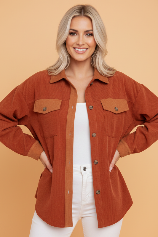 Velvet Button-Up Flap Pocket Drop Shoulder Shacket