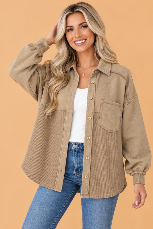 PRETTY BASH Solid Mineral Wash Waffle Knit Patchwork Shacket