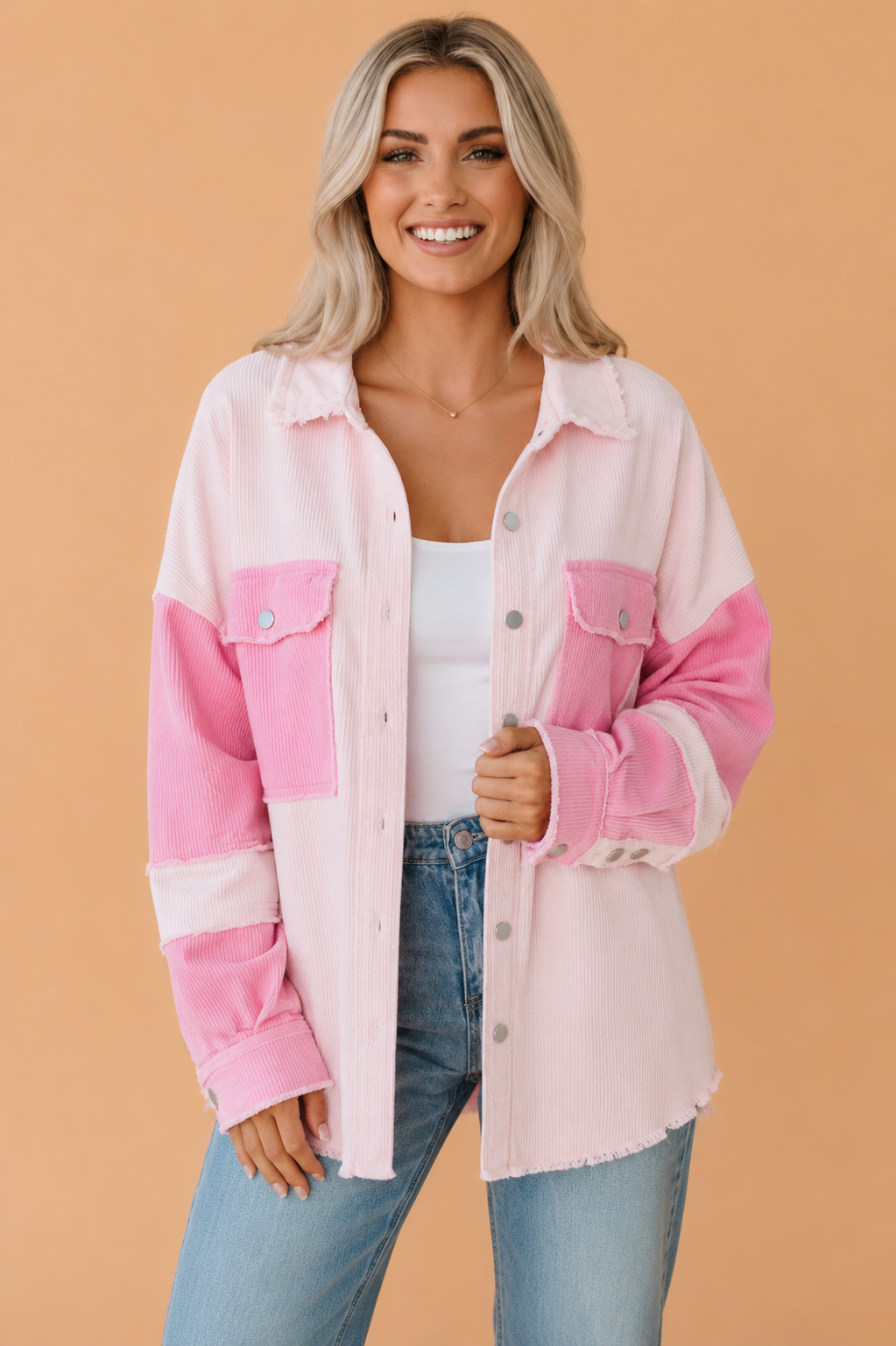 Colorblock Corduroy Reverse Seam Pocketed Shacket