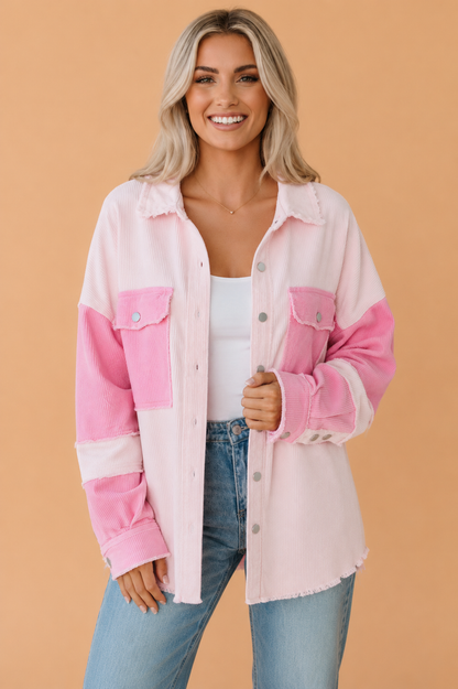 Colorblock Corduroy Reverse Seam Pocketed Shacket