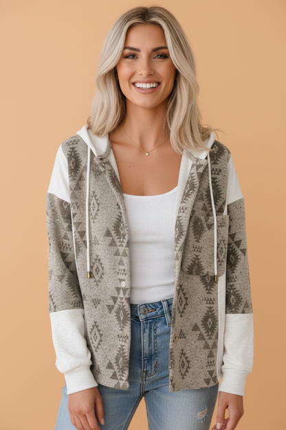 Western Aztec Colorblock Patchwork Drawstring Hooded Shacket