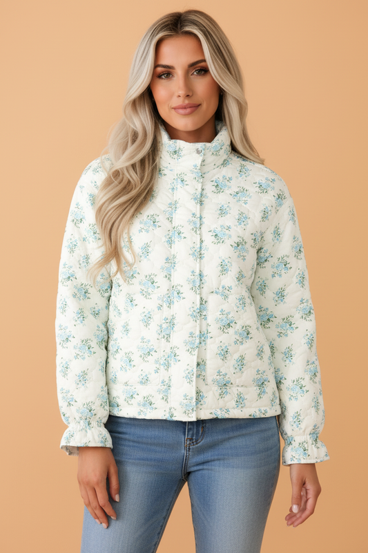 PRETTY BASH Floral Quilted Ruffle Sleeve Puffer Coat w/ Pocket