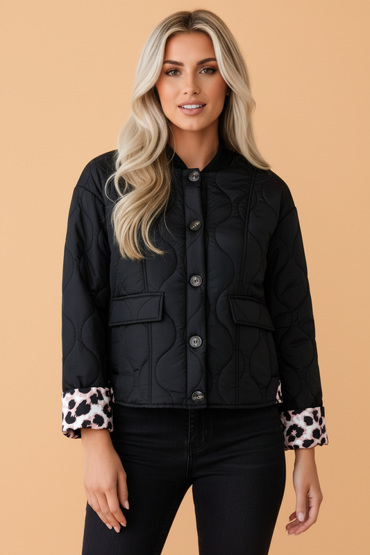 PRETTY BASH Leopard Cuff Quilted Button Down Puffer Jacket