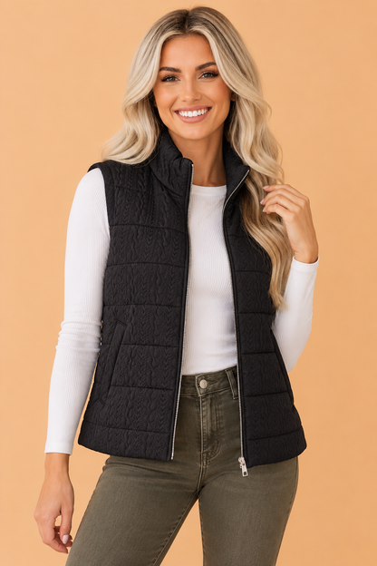 PRETTY BASH Solid Textured Stand Collar Zip Up Puffer Vest