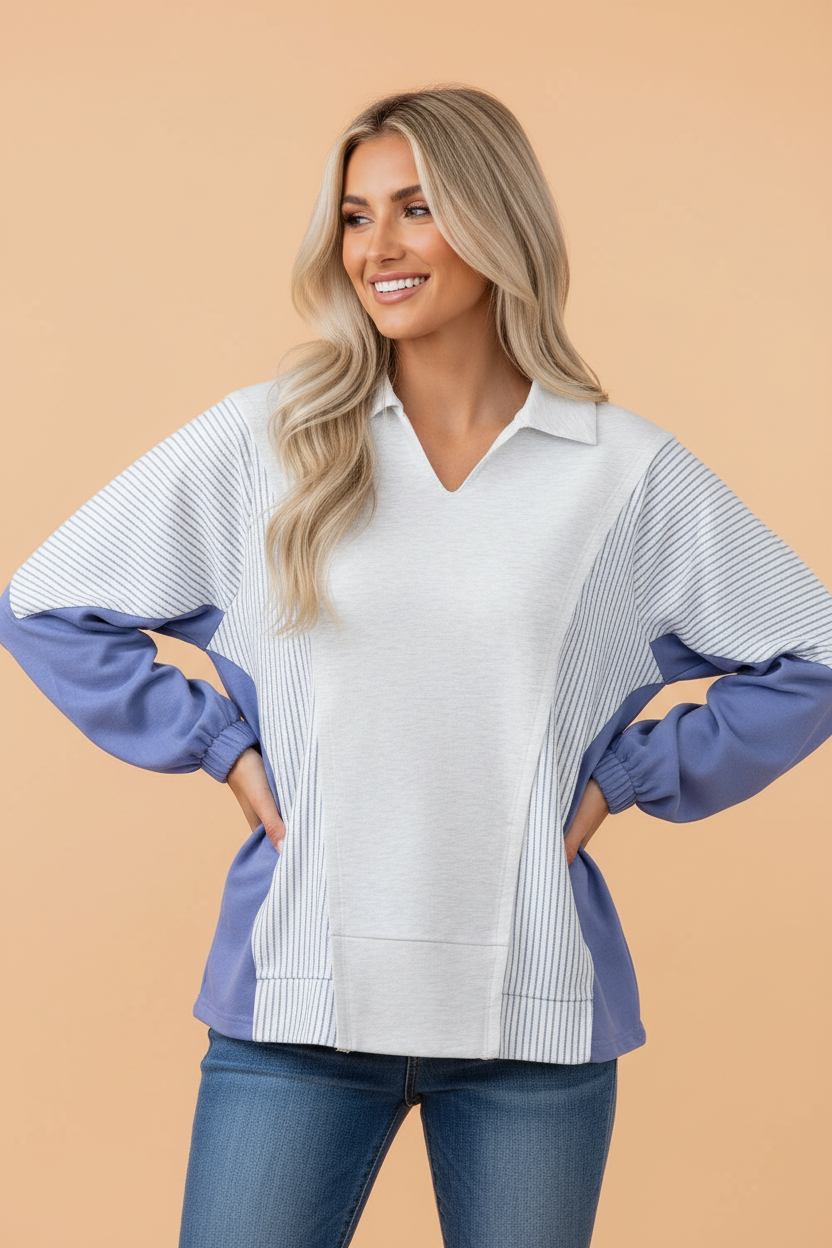 Stripe Colorblock Dolman Sleeve Oversize Collared Top