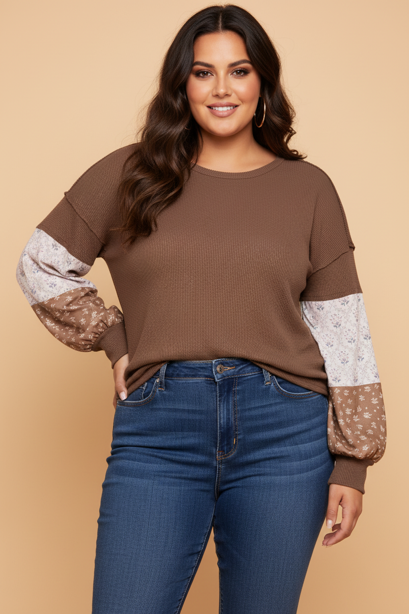PRETTY BASH Plus Size Floral Patchwork Waffle Knit Long Sleeve Top