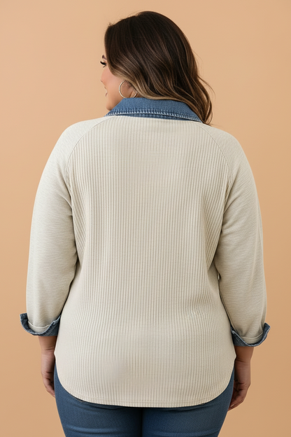 Plus Size Denim Patchwork Collared Ribbed Knit Blouse
