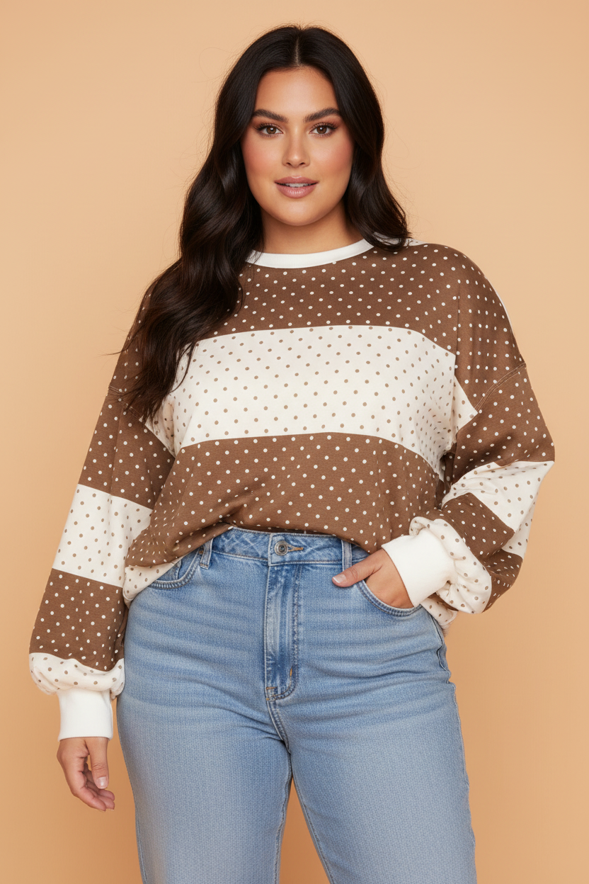 Plus Size Polka Dot Colorblock Long Sleeve Top