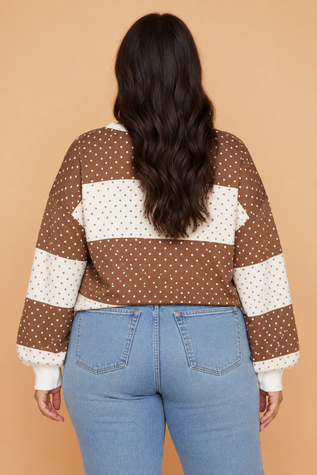 Plus Size Polka Dot Colorblock Long Sleeve Top