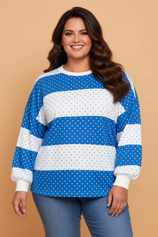 PRETTY BASH Plus Size Polka Dot Colorblock Long Sleeve Top