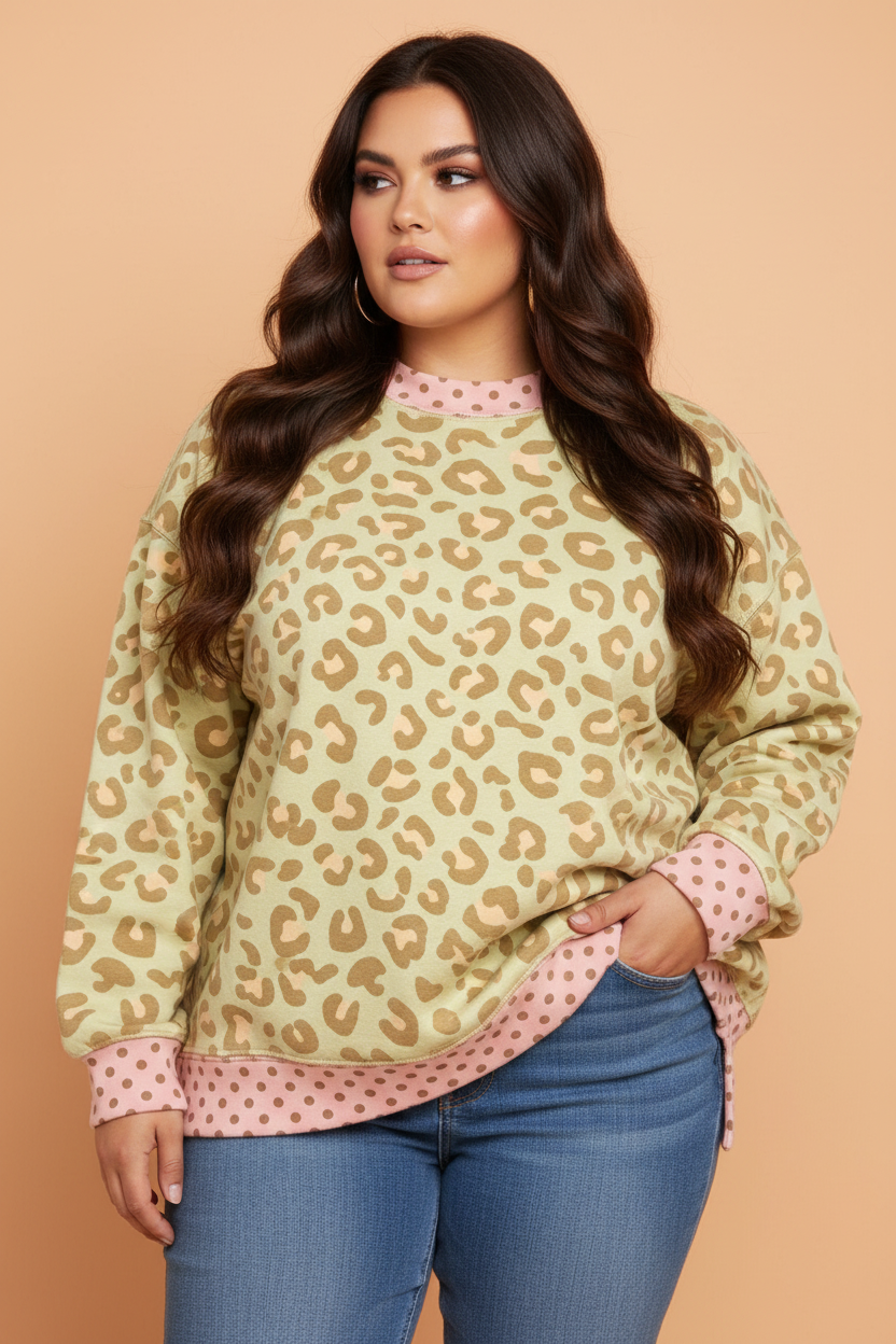 PRETTY BASH Plus Size Leopard Polka Dot Trim Long Sleeve Top