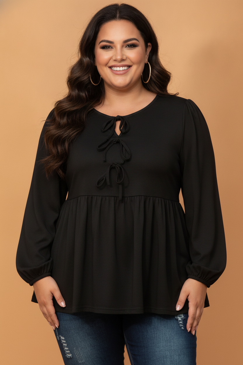 Plus Size Solid Bow Tie Front Long Sleeve Blouse