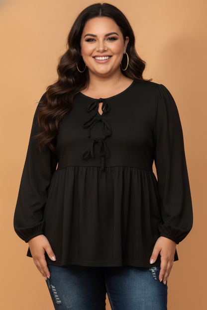 Plus Size Solid Bow Tie Front Long Sleeve Blouse