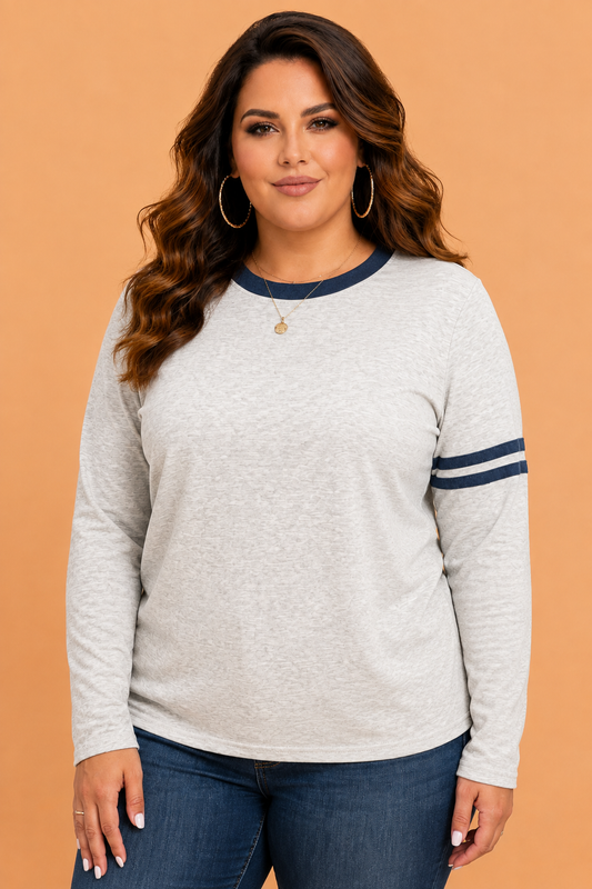 Plus Size Colorblock Round Neck Long Sleeve Top