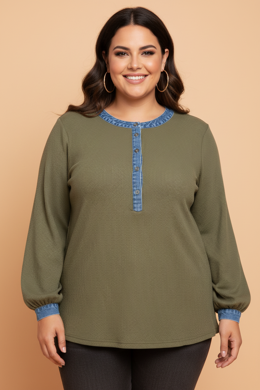 PRETTY BASH Plus Size Denim Contrast Trim Long Sleeve Henley Blouse