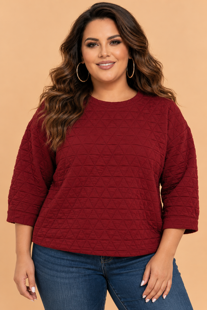Plus Size Solid Quilted 3/4 Puff Sleeve Blouse