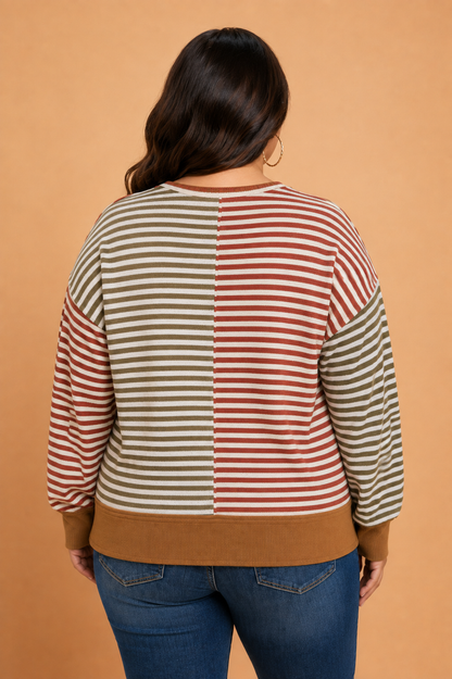 Plus Size Stripe V-Neck Reverse Seam Long Sleeve Blouse