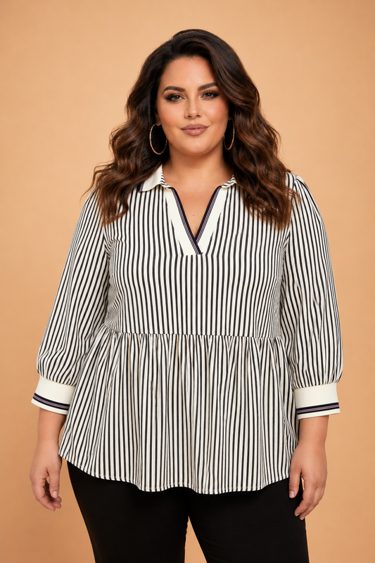 Plus Size Stripe Patchwork Collared V-Neck Peplum Blouse