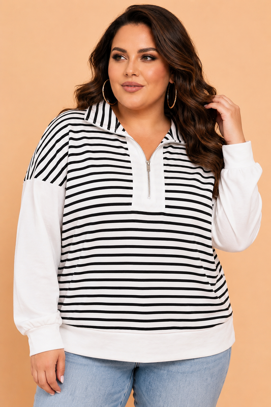 Plus Size Stripe Colorblock Zip Up V-Neck Long Sleeve Blouse