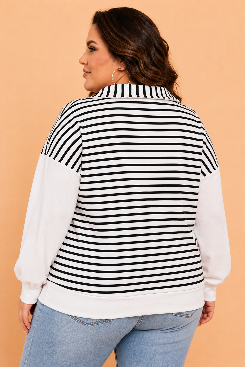 Plus Size Stripe Colorblock Zip Up V-Neck Long Sleeve Blouse