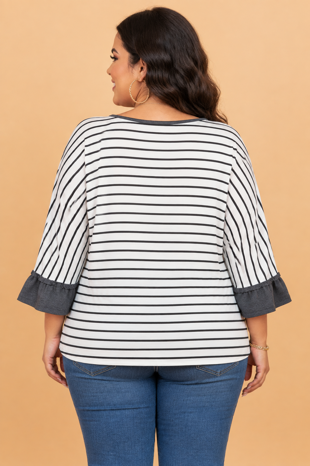 PRETTY BASH Plus Size Stripe Ruffle 3/4 Sleeve V-Neck Top  