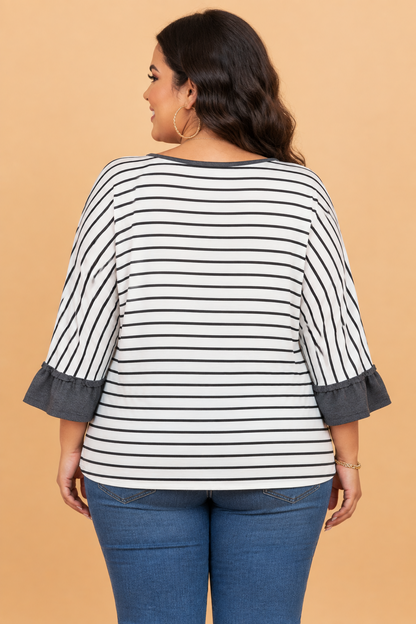 PRETTY BASH Plus Size Stripe Ruffle 3/4 Sleeve V-Neck Top  
