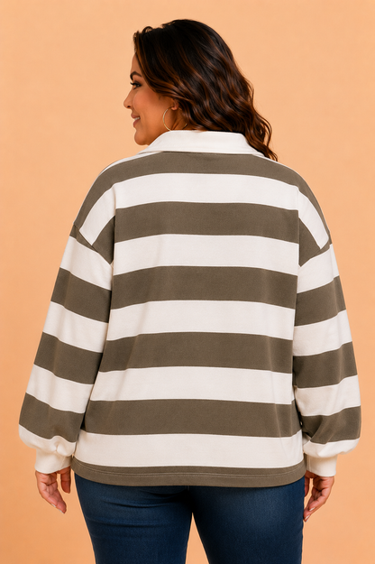 Plus Size Stripe Quilted Half Zip Collar Sweatshirt