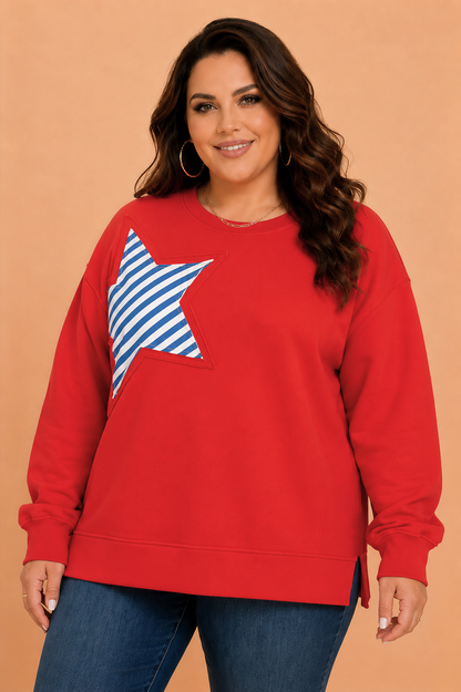 Plus Size Star Patch Embroidered Colorblock Sweatshirt