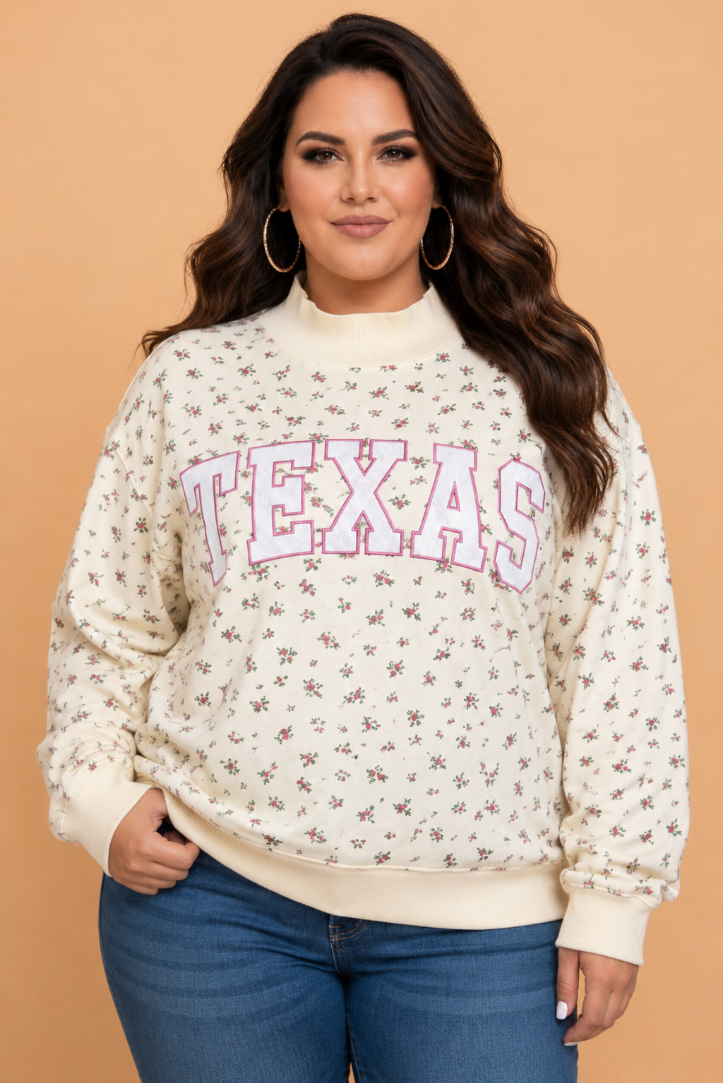 Plus Size TEXAS Embroidered Floral Mock Neck Sweatshirt