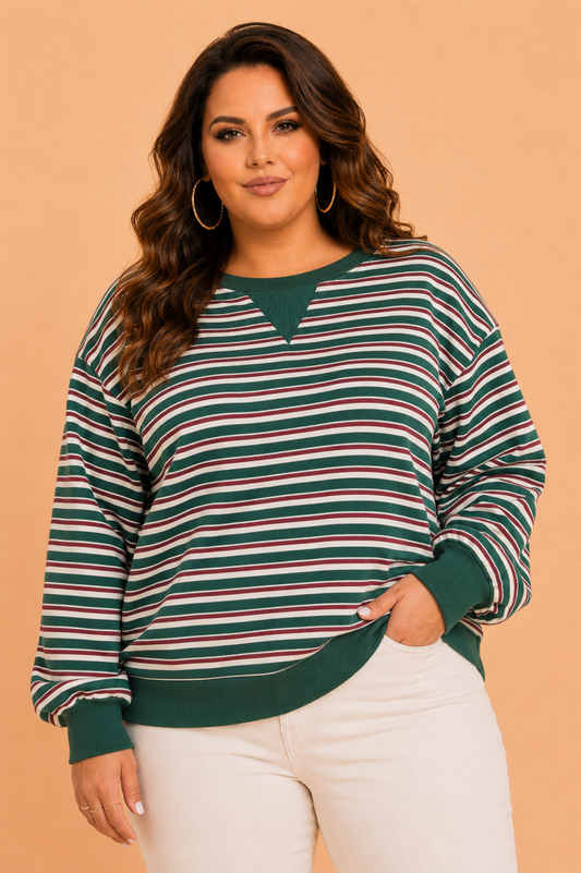 Plus Size Stripe Colorblock Round Neck Sweatshirt