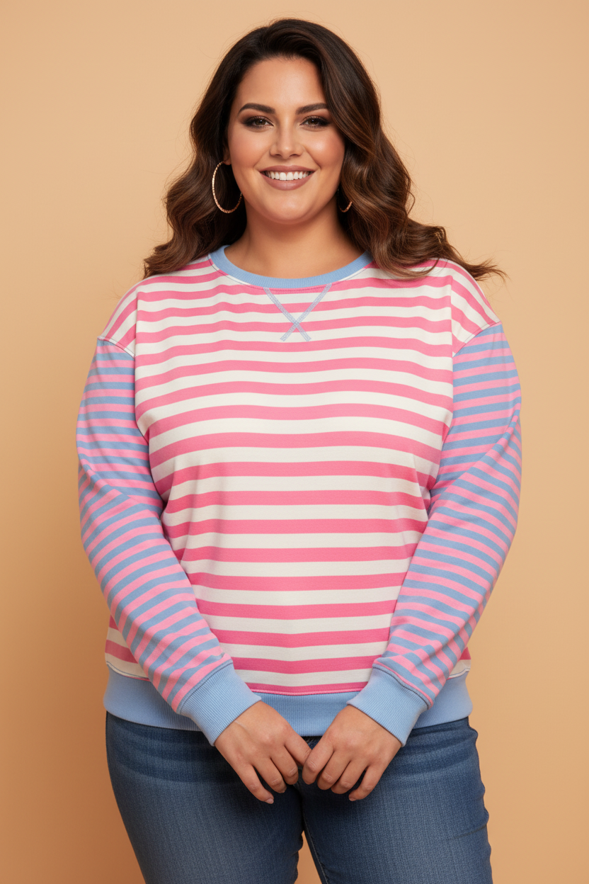 PRETTY BASH Plus Size Colorblock Stripe Crewneck Sweatshirt