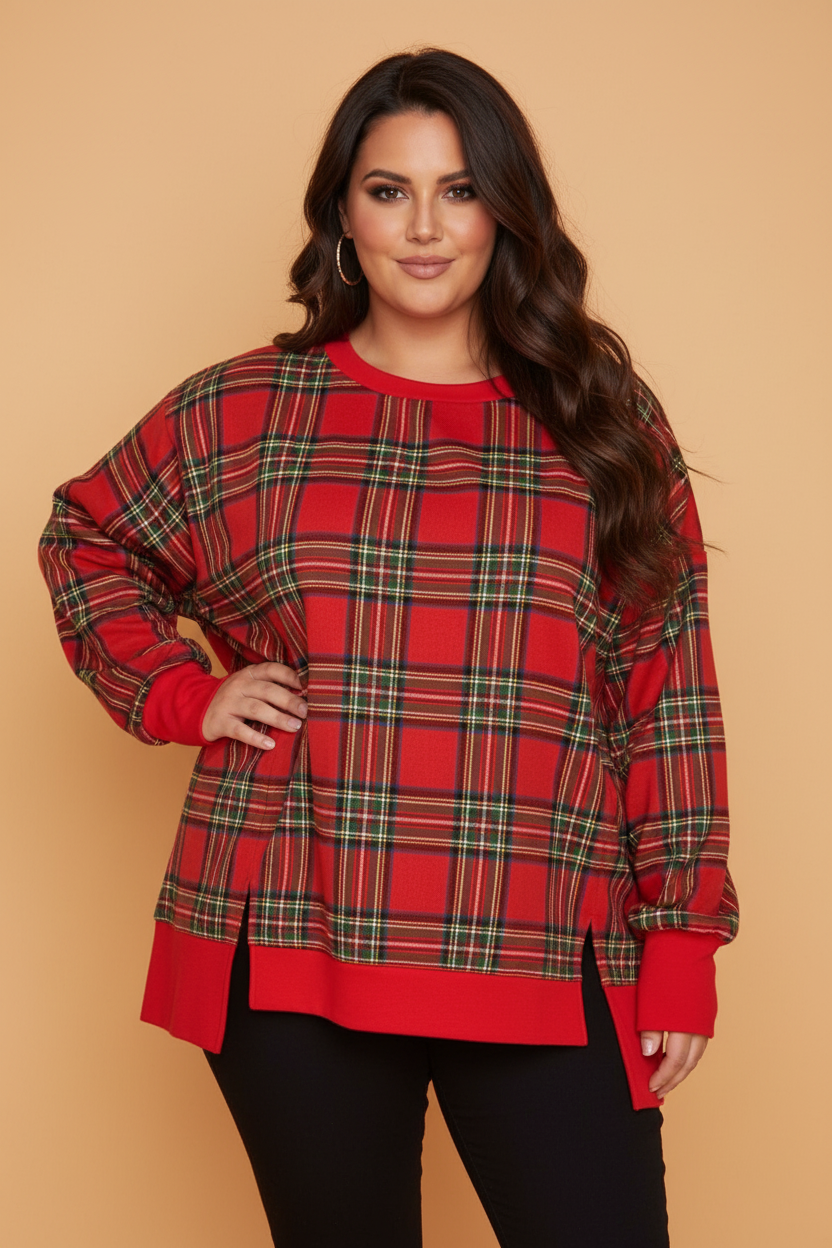 PRETTY BASH Plus Size Plaid Split Hem Long Sleeve Sweatshirt