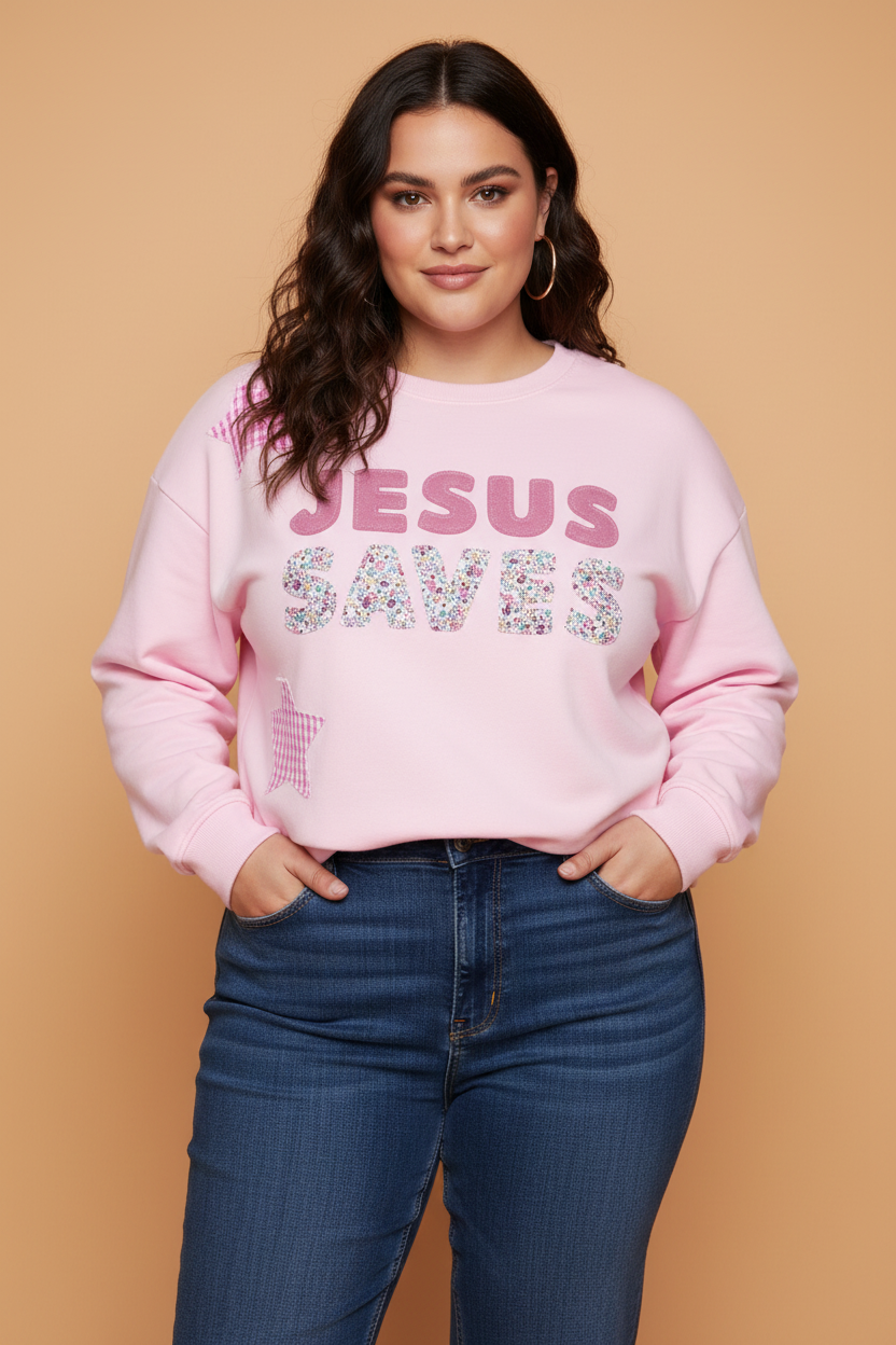 PRETTY BASH Plus Size JESUS SAVES Floral Gingham Star Patchwork Sweatshirt