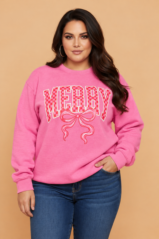 PRETTY BASH Plus Size Merry Christmas Checker Letter Print Sweatshirt