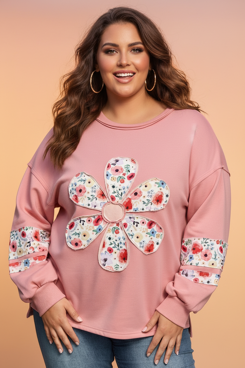 Plus Size Floral Applique Drop Shoulder Sweatshirt