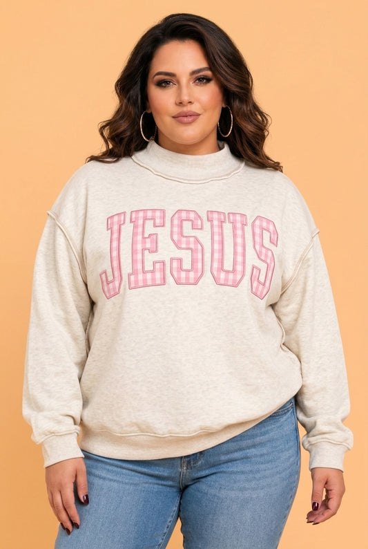 PRETTY BASH Plus Size JESUS/FAITH Letter Print Mock Neck Sweatshirt