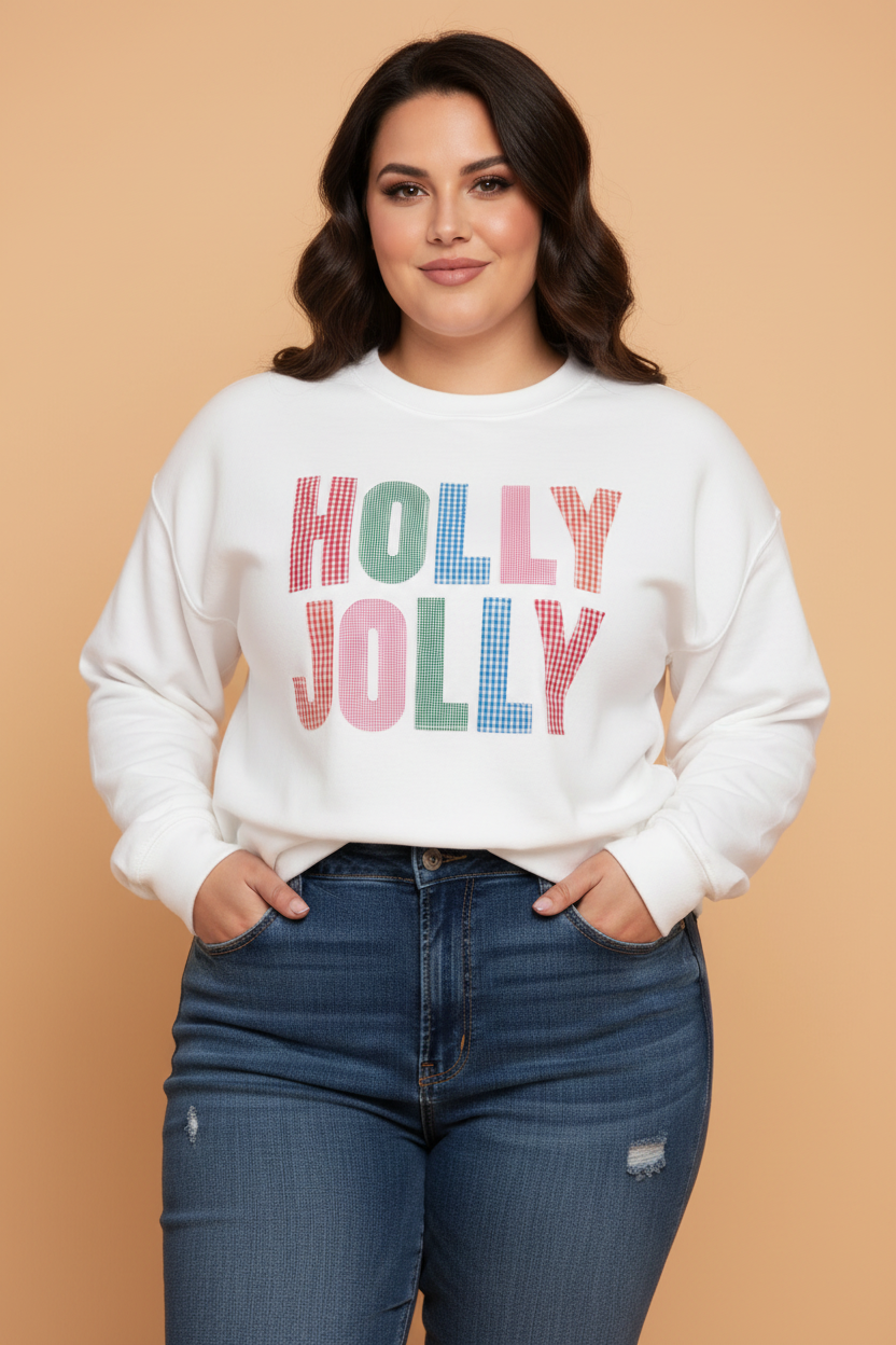 PRETTY BASH Plus Size Christmas HOLLY JOLLY Gingham Patchwork Sweatshirt