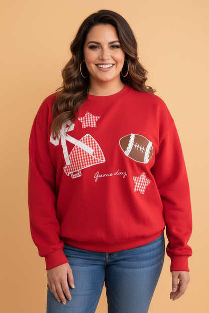 Plus Size Game Day Gingham Patch Embroidered Sweatshirt