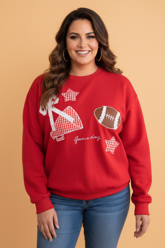 Plus Size Game Day Gingham Patch Embroidered Sweatshirt