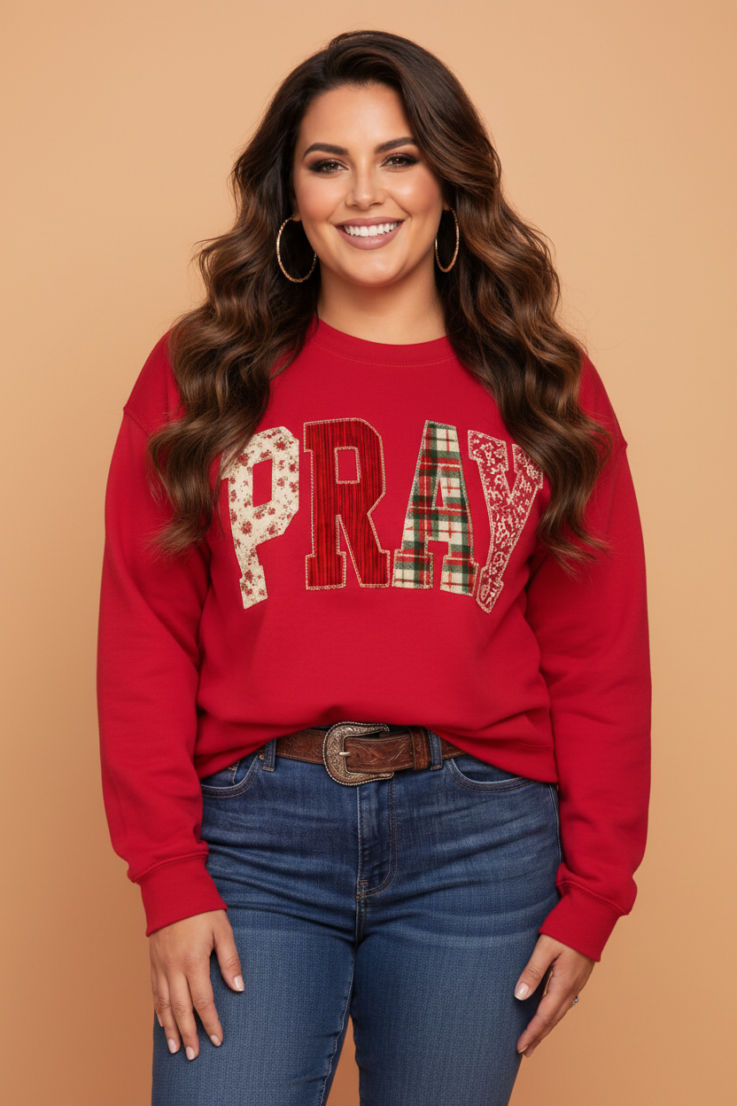 Plus Size PRAY Embroidered Patchwork Drop Shoulder Sweatshirt