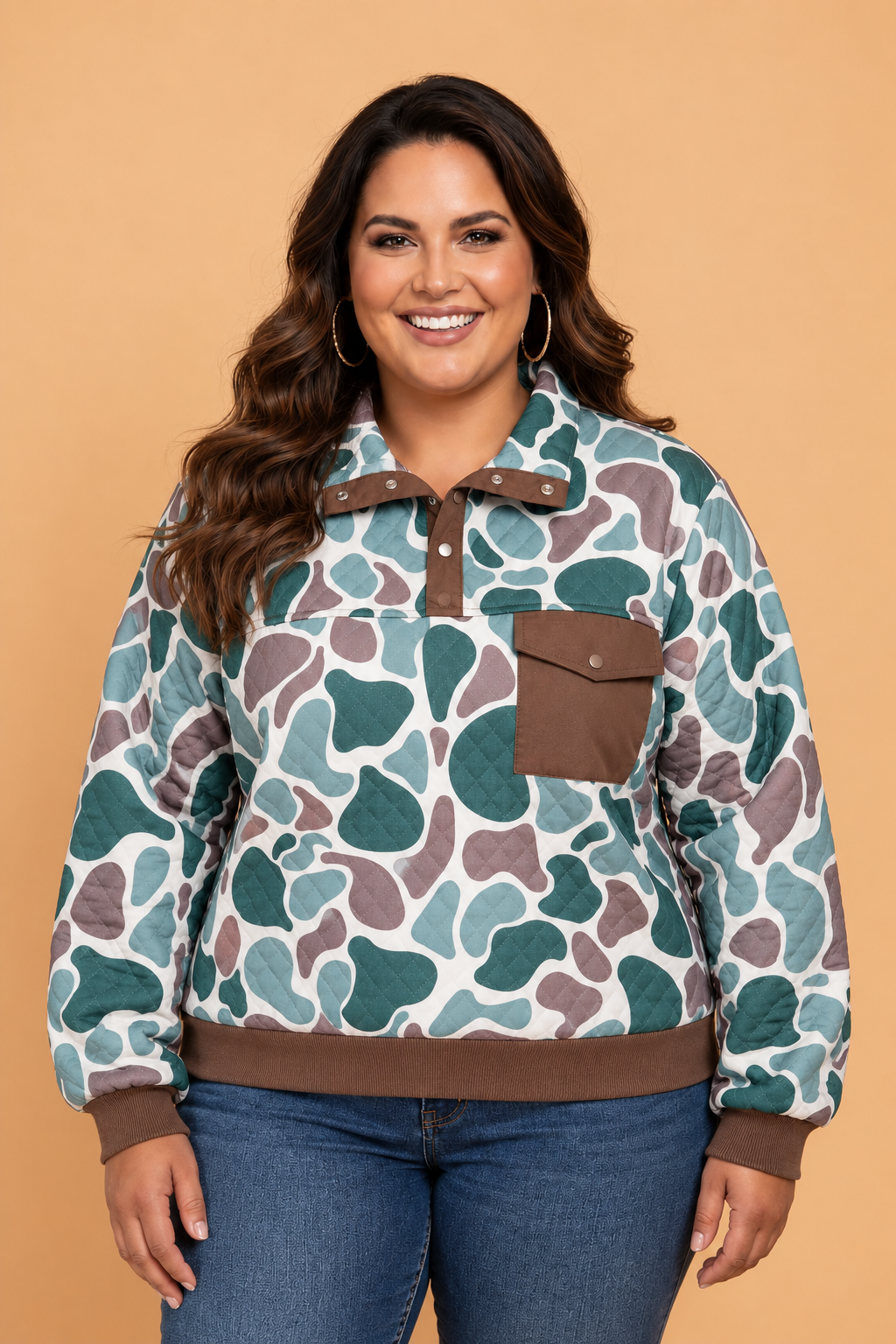 PRETTY BASH Plus Size Camo Colorblock Snap Button Collared Sweatshirt