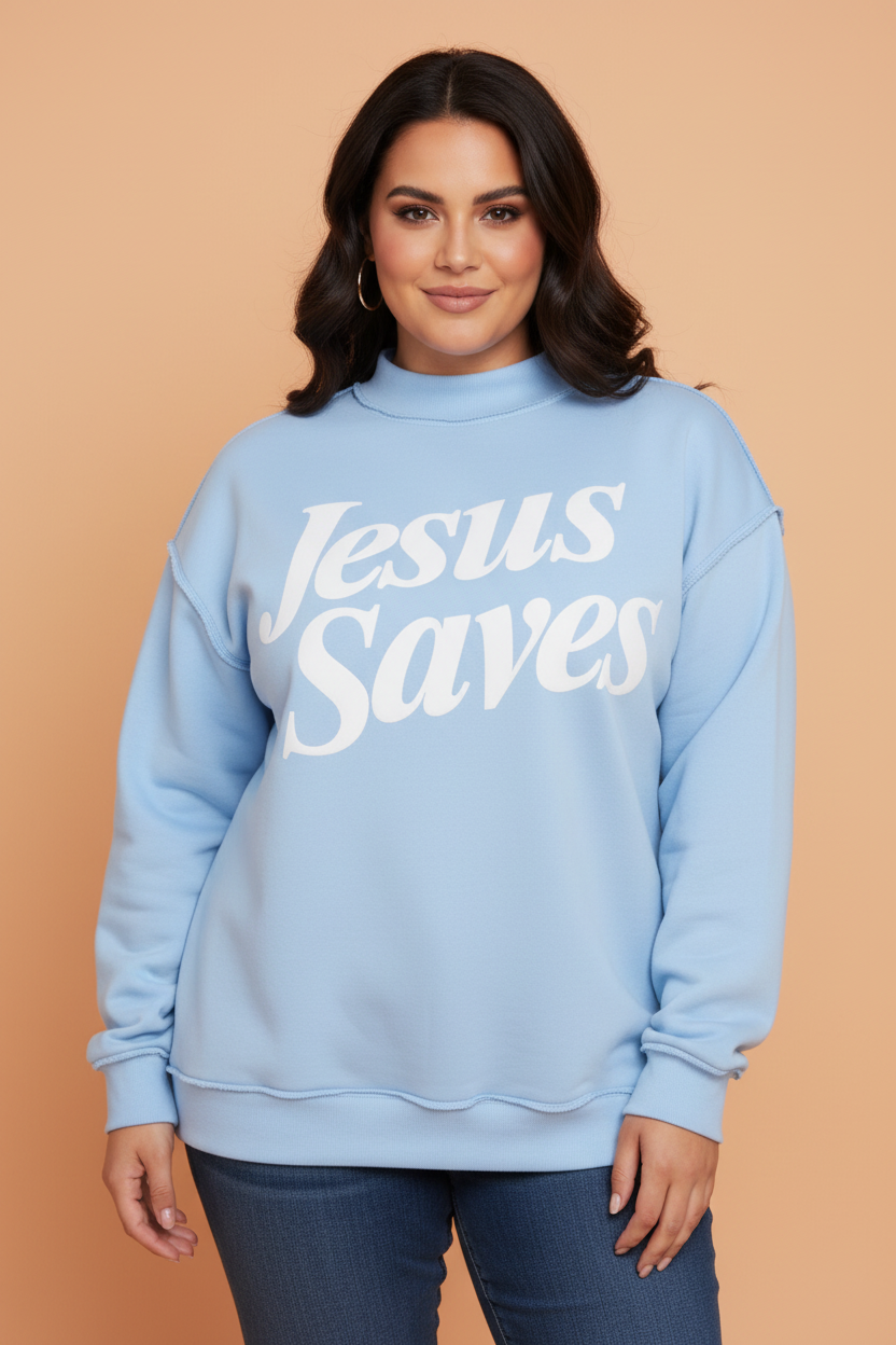 PRETTY BASH Plus Size Jesus Saves Letter Print Mock Neck Sweatshirt