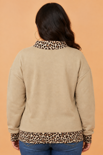 Plus Size FAITH Letter Print Leopard Mock Neck Sweatshirt