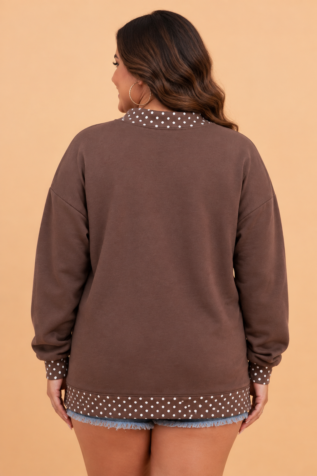 PRETTY BASH Plus Size Polka Dot Contrast Trim Mock Neck Sweatshirt