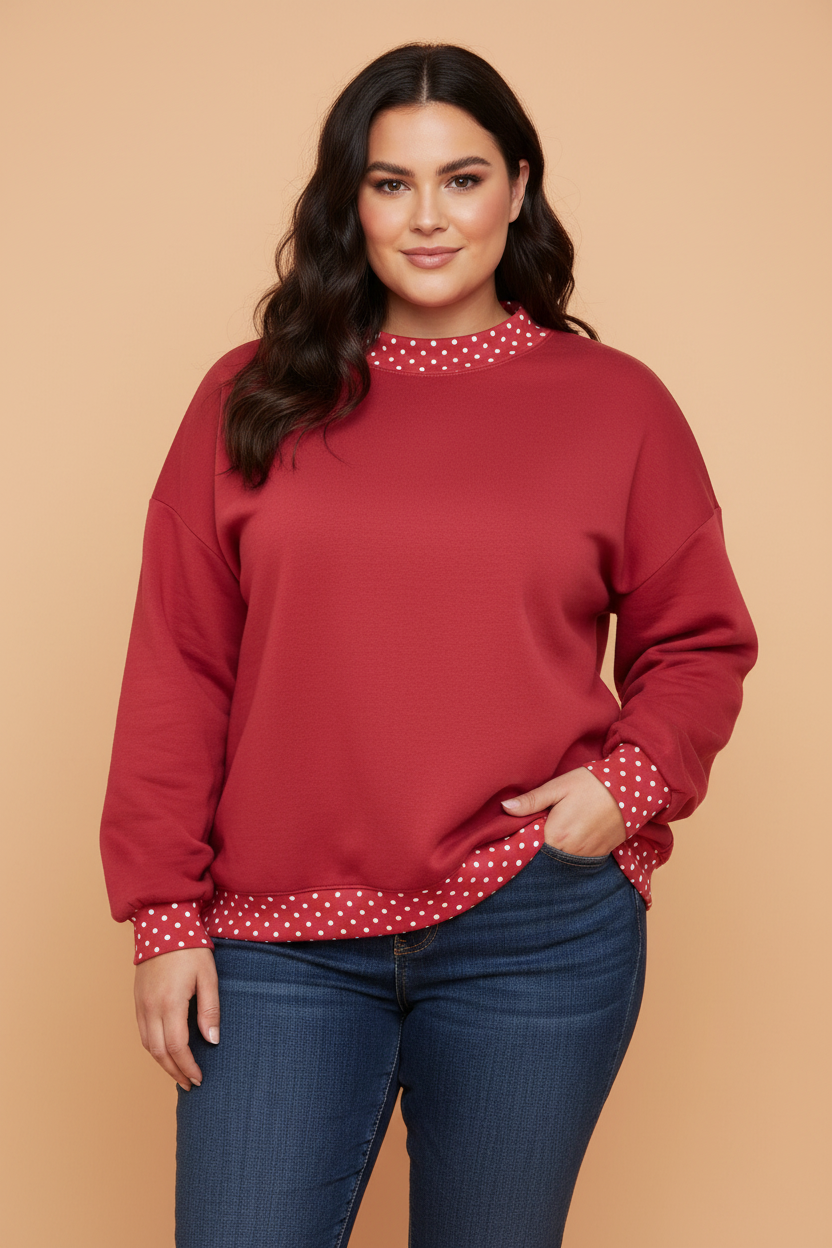 PRETTY BASH Plus Size Polka Dot Contrast Mock Neck Sweatshirt