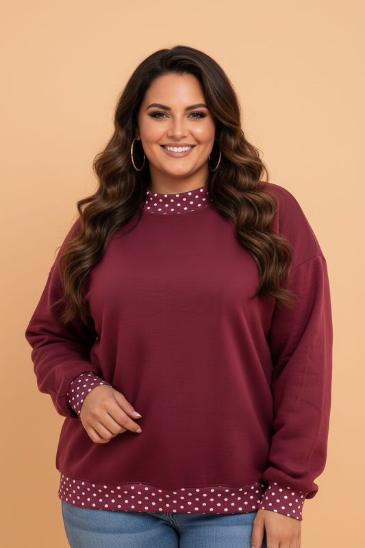 PRETTY BASH Plus Size Polka Dot Contrast Trim Mock Neck Sweatshirt