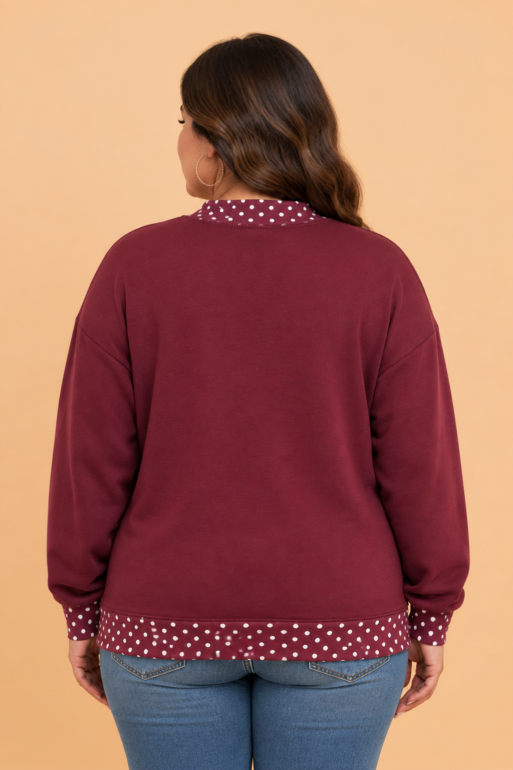 PRETTY BASH Plus Size Polka Dot Contrast Trim Mock Neck Sweatshirt