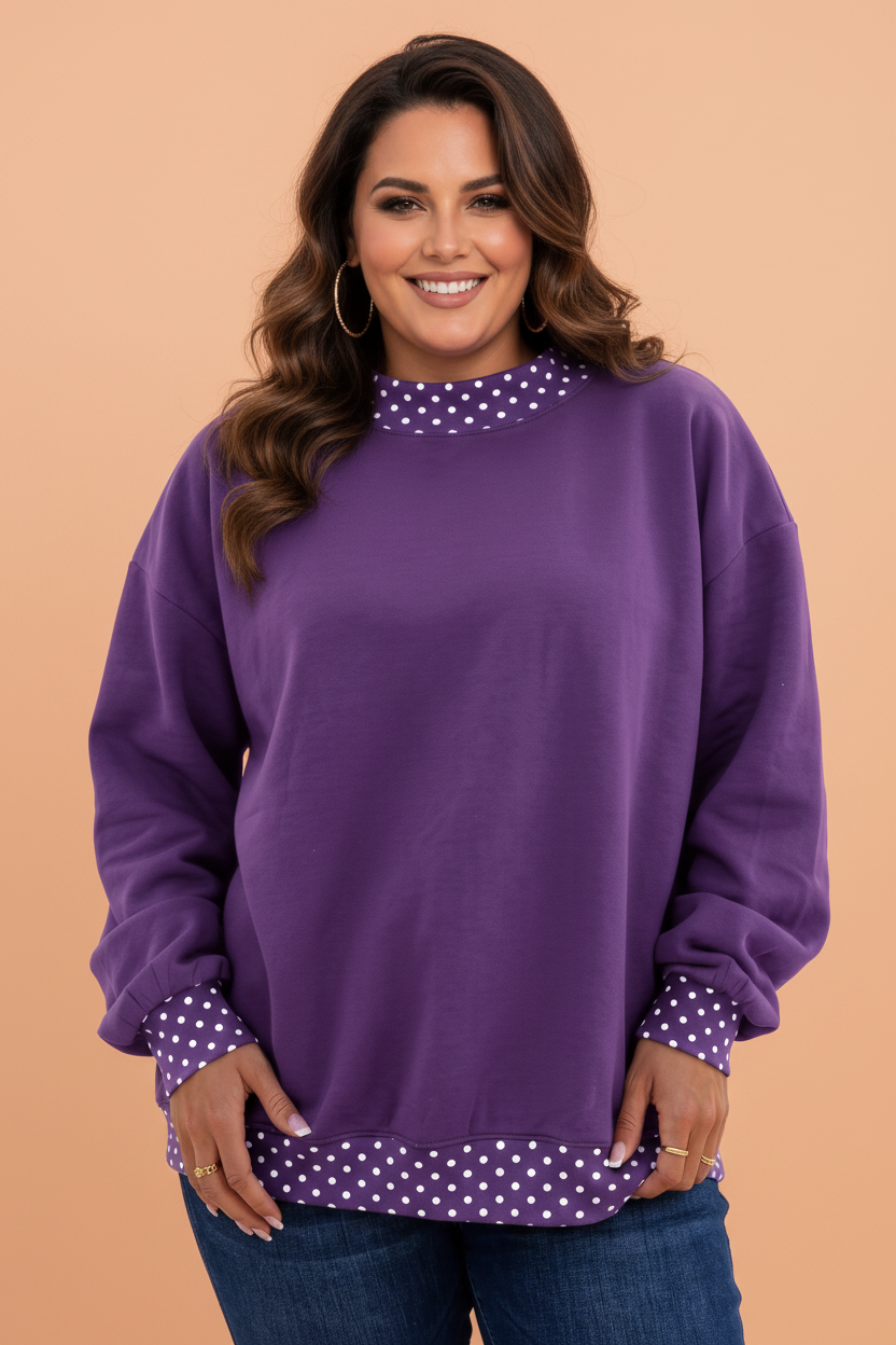 PRETTY BASH Plus Size Polka Dot Contrast Trim Mock Neck Sweatshirt