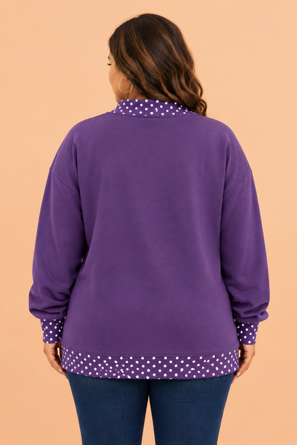 PRETTY BASH Plus Size Polka Dot Contrast Trim Mock Neck Sweatshirt