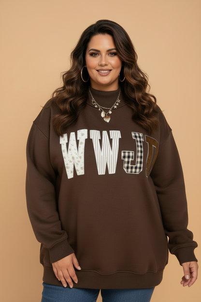 Plus Size WWJD Letter Print Exposed Seam Sweatshirt